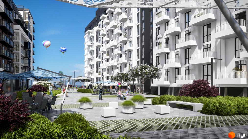 Зображення житлового комплексу Kokos Avenue. Багатоповерховий будинок з білими балконами та прибудинковою територією з ландшафтним дизайном.