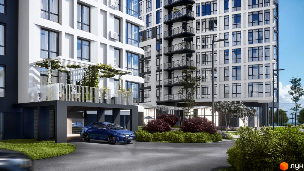 Зображення фасаду та прибудинкової території Житлового комплексу Kokos Avenue. Багатоповерховий будинок з великими вікнами та балконами.