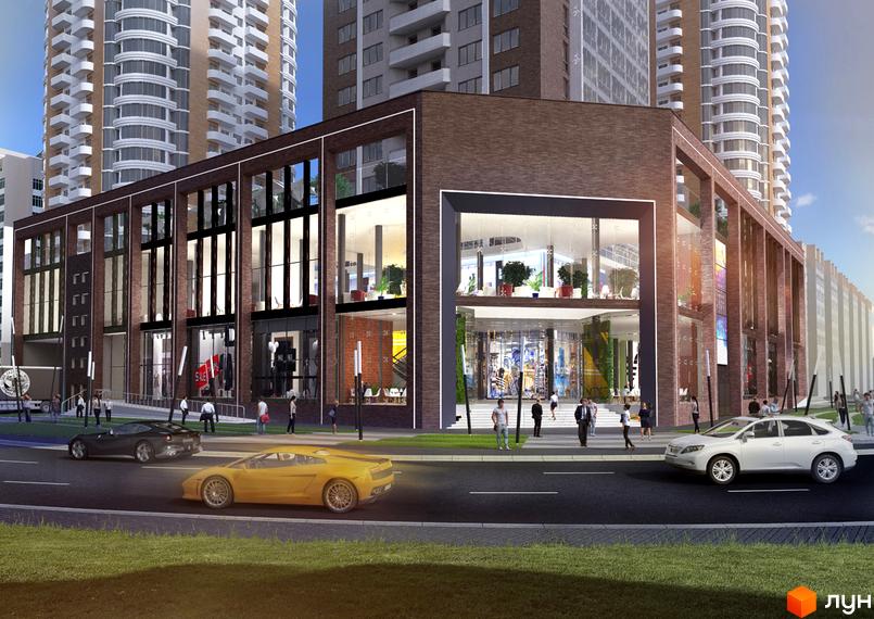 Новобудова Smart Plaza Obolon з цегляним фасадом та великими вікнами. Навколо комплексу розташовані сучасні висотні будинки та дорога з автомобілями.