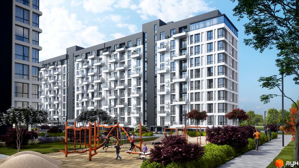 Зображення фасаду та прибудинкової території Житлового комплексу Kokos Avenue. На передньому плані дитячий майданчик.