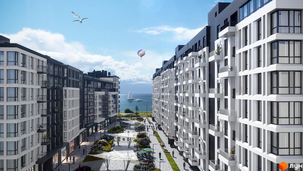 Зображення Житлового комплексу Kokos Avenue: багатоповерхові будинки з балконами, пішохідна алея з лавками, вид на море та повітряну кулю.