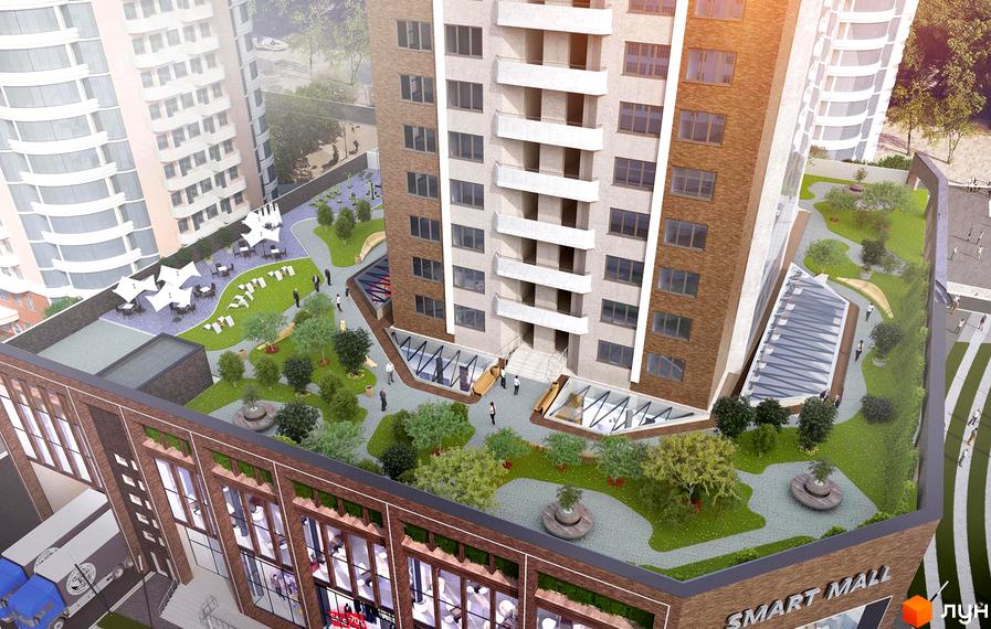 Зовнішній вигляд житлового комплексу Smart Plaza Obolon з цегляним фасадом та прибудинковою територією з озелененням та зонами для відпочинку.