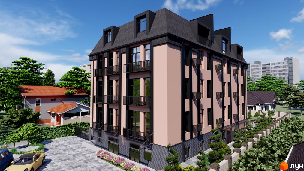 Зображення чотириповерхового будинку Bucha Residence з балконами та мансардним дахом. Навколо будинку зелені насадження та тротуарна плитка.