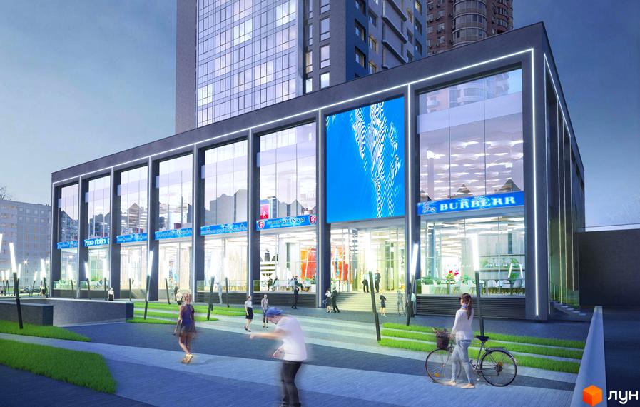 Зовнішній вигляд новобудови Smart Plaza Obolon з великими вікнами та вивісками брендів. На прибудинковій території розташовані зелені насадження та пішохідні доріжки.