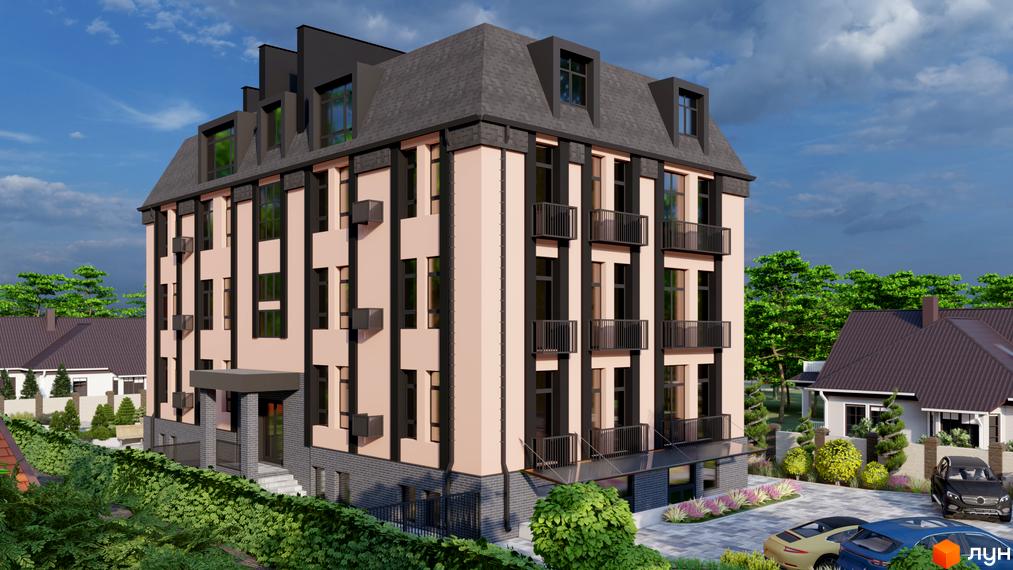 Зображення будинку в Житловому комплексі Bucha Residence. Навколо будинку зелені насадження та парковка для автомобілів.