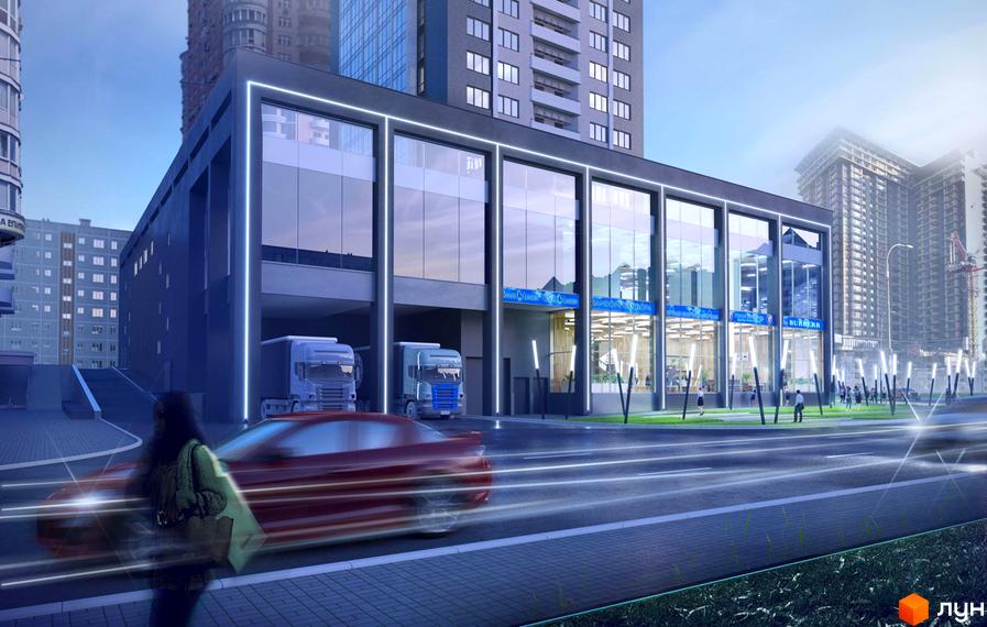 Зовнішній вигляд житлового комплексу Smart Plaza Obolon з фасадами зі скла та підсвіткою. Навколо комплексу облаштована прибудинкова територія з освітленням та зеленими насадженнями.