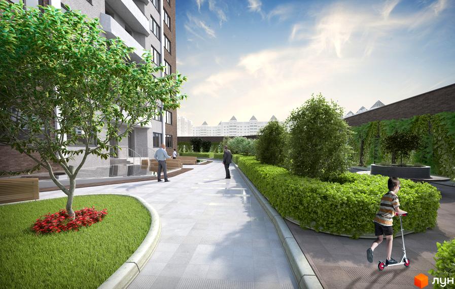 Житловий комплекс Smart Plaza Obolon. Сучасний житловий будинок з доглянутою прибудинковою територією, зеленими насадженнями та місцями для відпочинку.