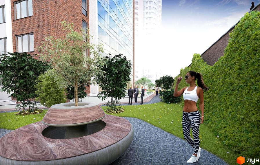 Житловий комплекс Smart Plaza Obolon з сучасною архітектурою та зеленою прибудинковою територією. На зображенні видно доглянутий двір з ландшафтним дизайном, місцями для відпочинку та пішохідними доріжками.