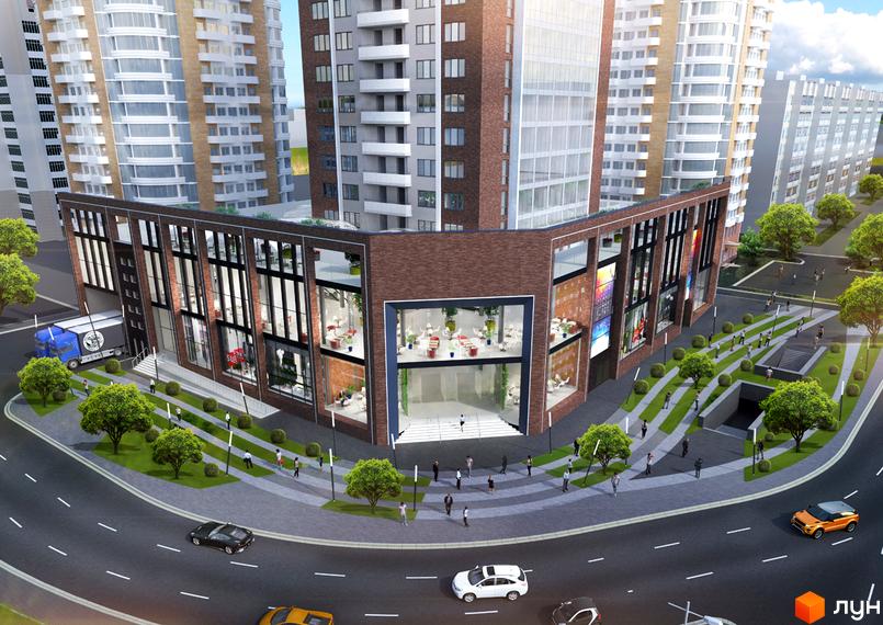 Зовнішній вигляд житлового комплексу Smart Plaza Obolon з цегляним фасадом та великими вікнами. Навколо комплексу облаштована прибудинкова територія з деревами та пішохідними доріжками.