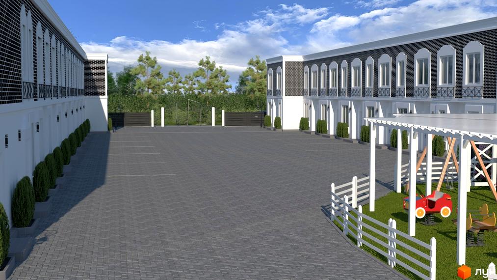 Житловий комплекс «Дублін». Білі будинки з темною цегляною обробкою, велика парковка та дитячий майданчик з гойдалками.