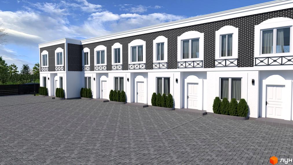 Житловий комплекс Dublin: фасади таунхаусів з чорною цегляною кладкою та білими елементами, вимощені сірою плиткою дворики.