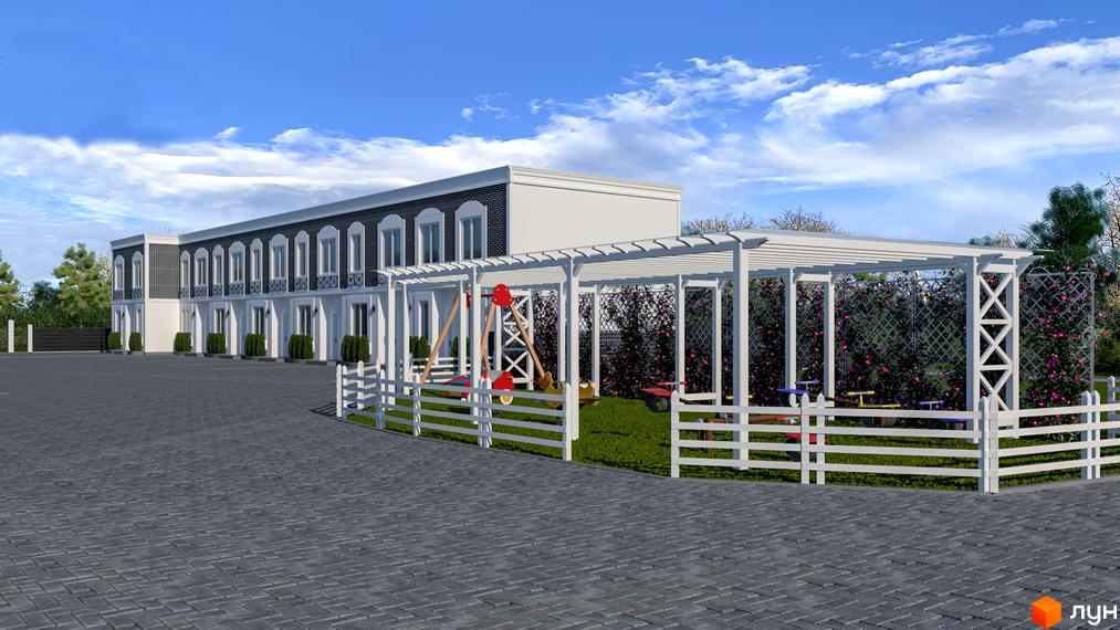 Житловий комплекс „Дублін“ з таунхаусами, з дитячим майданчиком та парканом. Будинки з білими фасадами та темним дахом, розташовані на території з бруківкою.