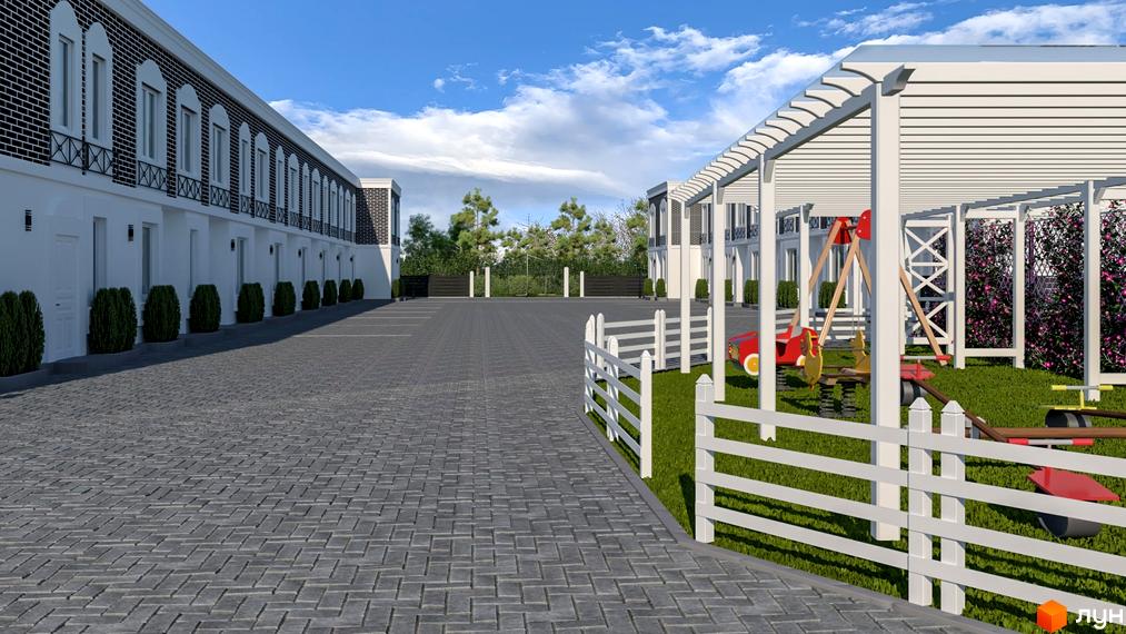 Таунхауси Dublin з цегляним фасадом та білими елементами, дитячий майданчик з гойдалками та гіркою на зеленій території.