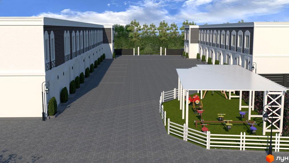 Зображення житлового комплексу таунхаусів Dublin з парковкою та дитячим майданчиком.