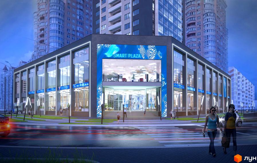 Житловий комплекс Smart Plaza Obolon з фасадом з великих вікон та підсвіткою. Навколо новобудови зелена зона та пішохідний перехід.