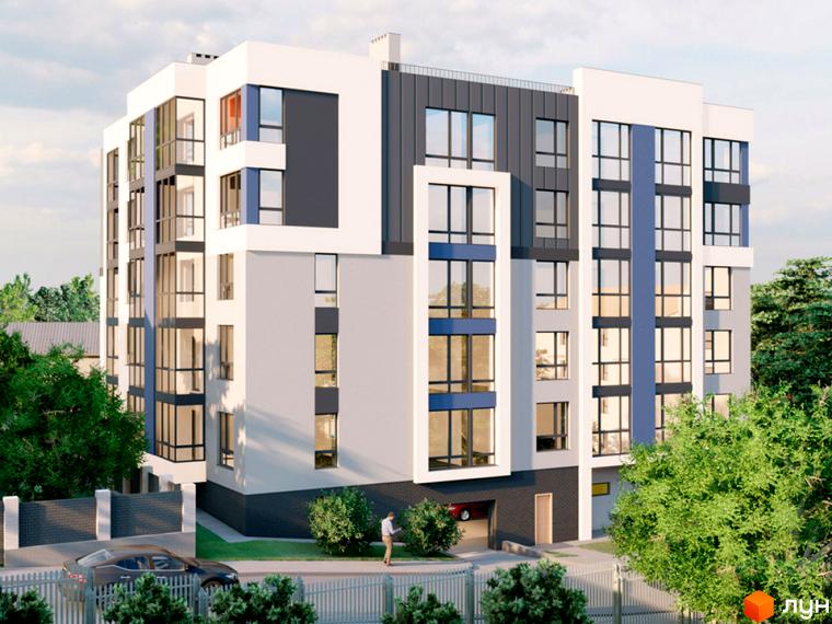 Зовнішній вигляд новобудови Апартаменти Престиж з великою кількістю вікон та балконів, прибудинкова територія з деревами та автомобілем.