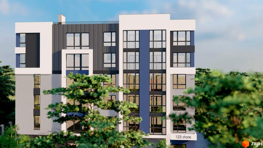 Зовнішній вигляд новобудови ЖК Апартаменти Престиж з великою кількістю вікон та сірою та білою обробкою фасаду, оточеної деревами.