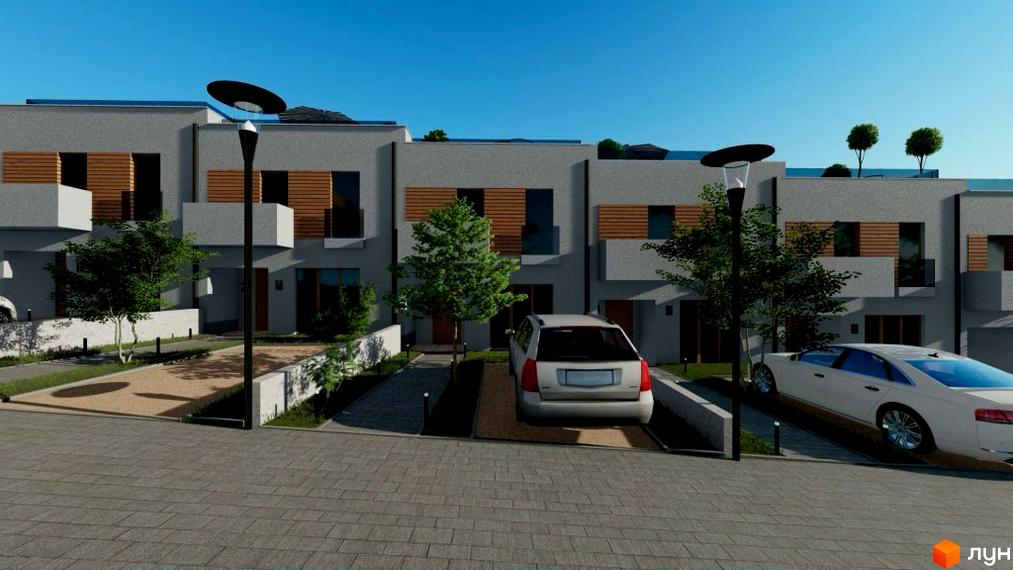 Зовнішній вигляд котеджного містечка КМ Медовий з сірими фасадами та дерев'яними елементами. На прибудинковій території розташовані автомобілі та зелені насадження.