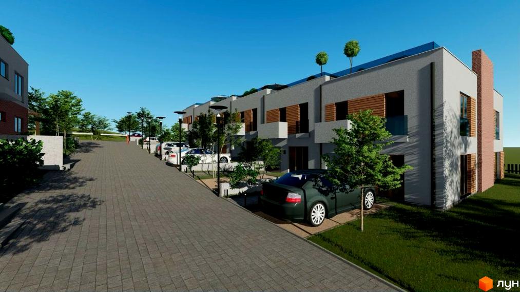 Котеджне містечко КМ Медовий. Зовнішній вигляд будинків та паркування автомобілів уздовж вулиці.