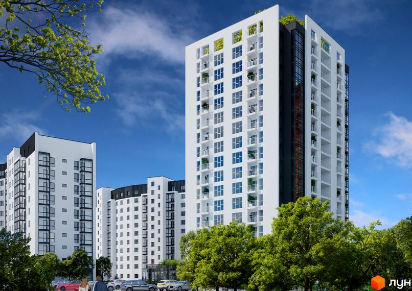 Зовнішній вигляд будинків ЖК Iceberg з білими фасадами та великою кількістю вікон, навколо зелені дерева та парковка.