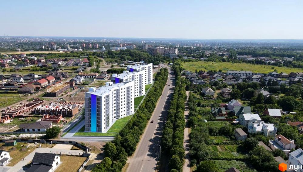 Новобудова ЖК SANTORINI з білими фасадами та синьо-блакитними акцентами на верхніх поверхах, розташована вздовж зеленої алеї з дорогою.