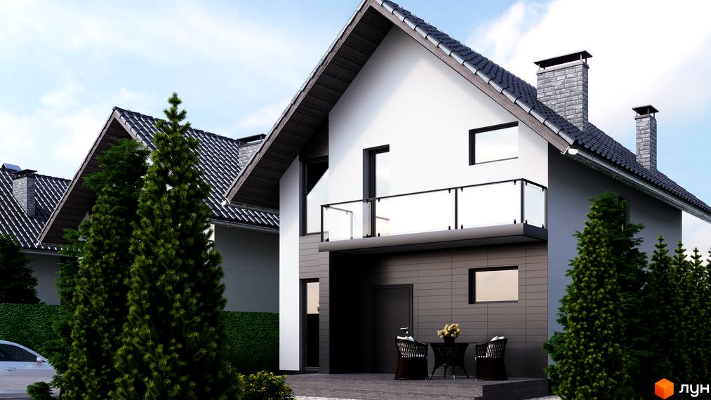 Двоповерховий будинок з білими стінами та темною покрівлею в Котеджному містечку Green Hill Village. На території є зелені насадження та тераса.