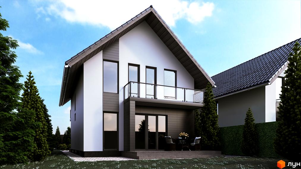 Котеджне містечко КМ Green Hill Village: двоповерховий будинок з великими вікнами та балконом, оточений зеленими насадженнями та доглянутим газоном.