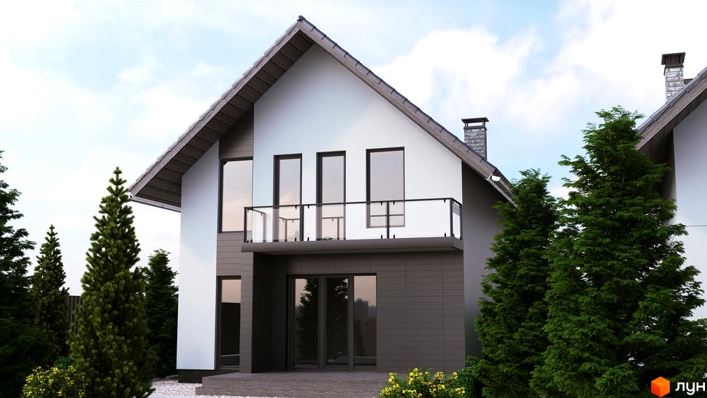 Двоповерховий будинок з білими стінами, панорамними вікнами та балконом. На прибудинковій території ростуть хвойні дерева.