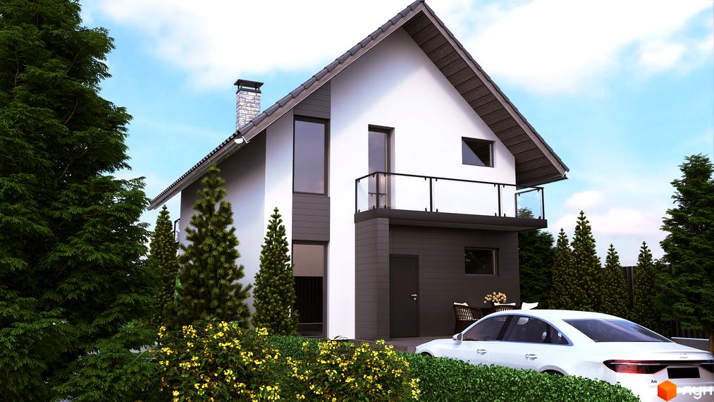 Зображення будинку в Котеджному містечку Green Hill Village з білим фасадом, балконом та доглянутим газоном. На території ростуть дерева та кущі, поруч припаркований автомобіль.