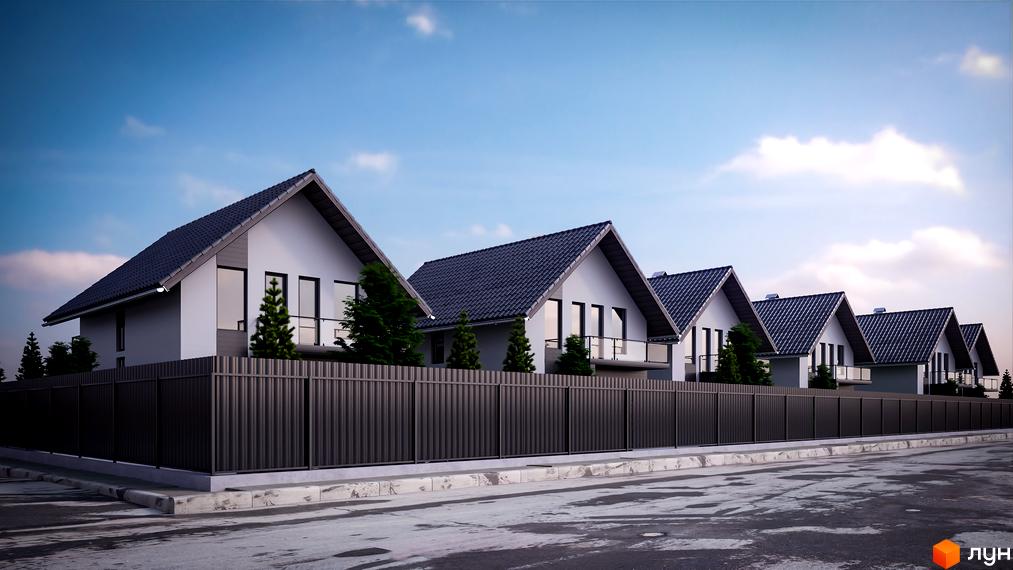 Котеджне містечко Green Hill Village з білими будинками з темними дахами та парканом, розташоване на асфальтованій вулиці з деревами.