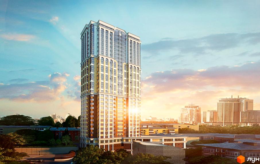 Висотна новобудова ЖК Royal Tower на фоні неба. Фасад будівлі виконаний у світлих тонах з великою кількістю вікон. На прибудинковій території зелені насадження та інші будівлі.