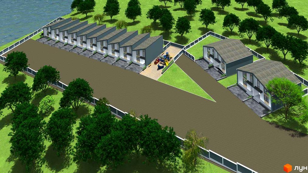 Котеджне містечко Grass House «Озерний» з сучасними будинками та зеленою прибудинковою територією. На території розташований дитячий майданчик.