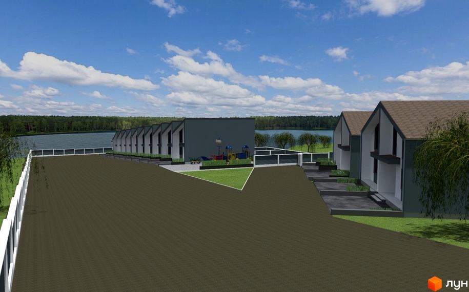 Зображення житлового комплексу Grass House «Озерний». На фото видно будинки з сірими фасадами та коричневими дахами, а також прибудинкову територію з газоном та дитячим майданчиком.