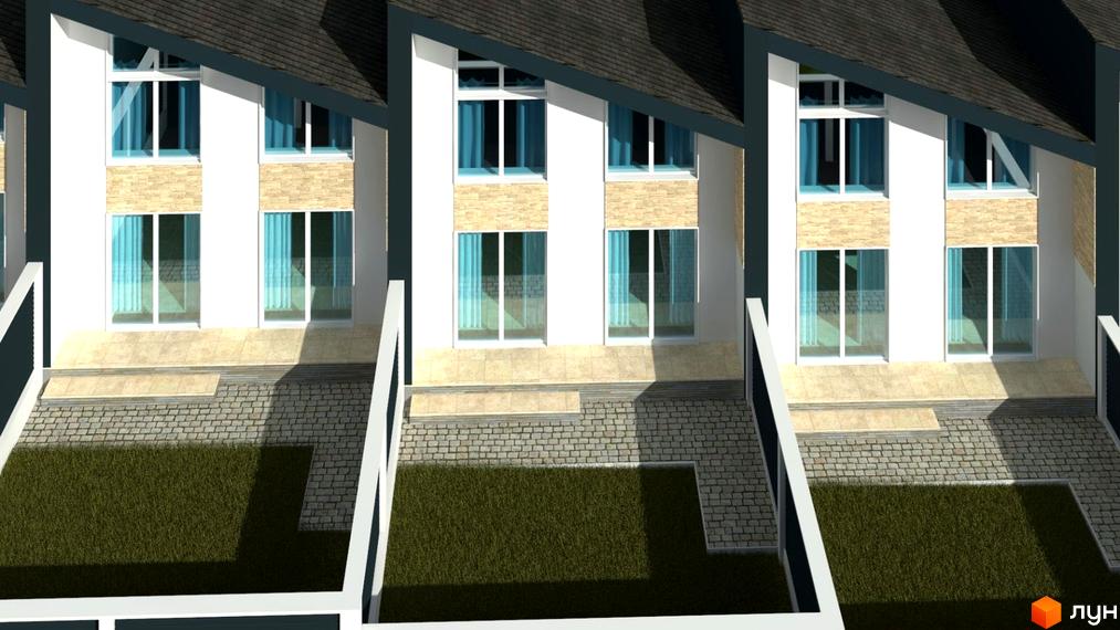 Котеджне містечко Grass House «Озерний»: фасади будинків з великими вікнами та блакитними шторами, вимощені доріжки та зелений газон. Зовнішній вигляд новобудови та прибудинкової території.