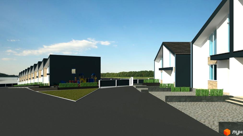 Котеджне містечко Grass House «Озерний» з сучасними фасадами та дитячим майданчиком на прибудинковій території.