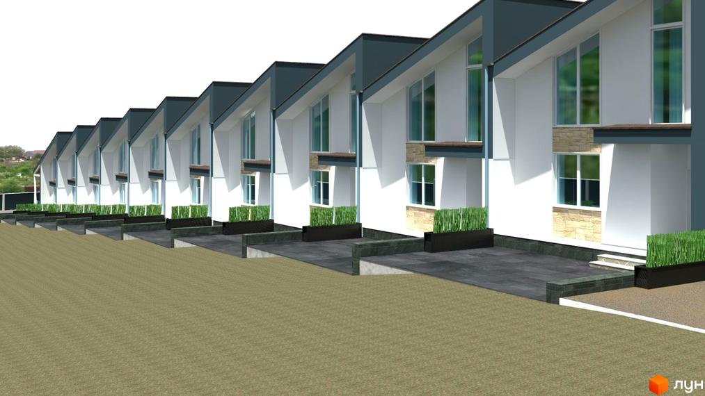 Ряд будинків з білими стінами та темними дахами. Перед будинками розташовані тераси з рослинами.