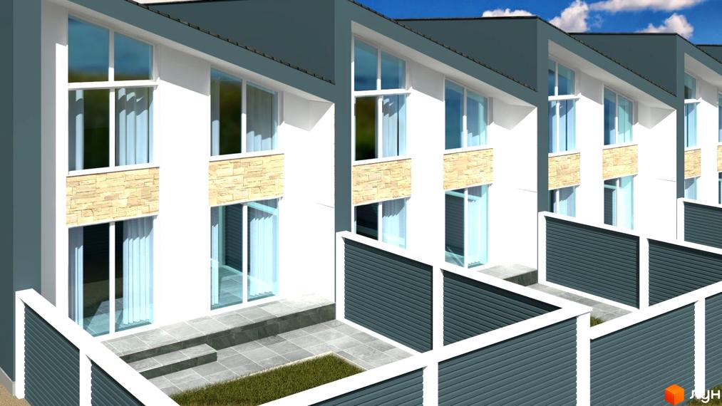 Зображення фасаду будинку в Котеджному містечку Grass House «Озерний». Білі стіни, великі вікна, оздоблення каменем, огороджена прибудинкова територія.