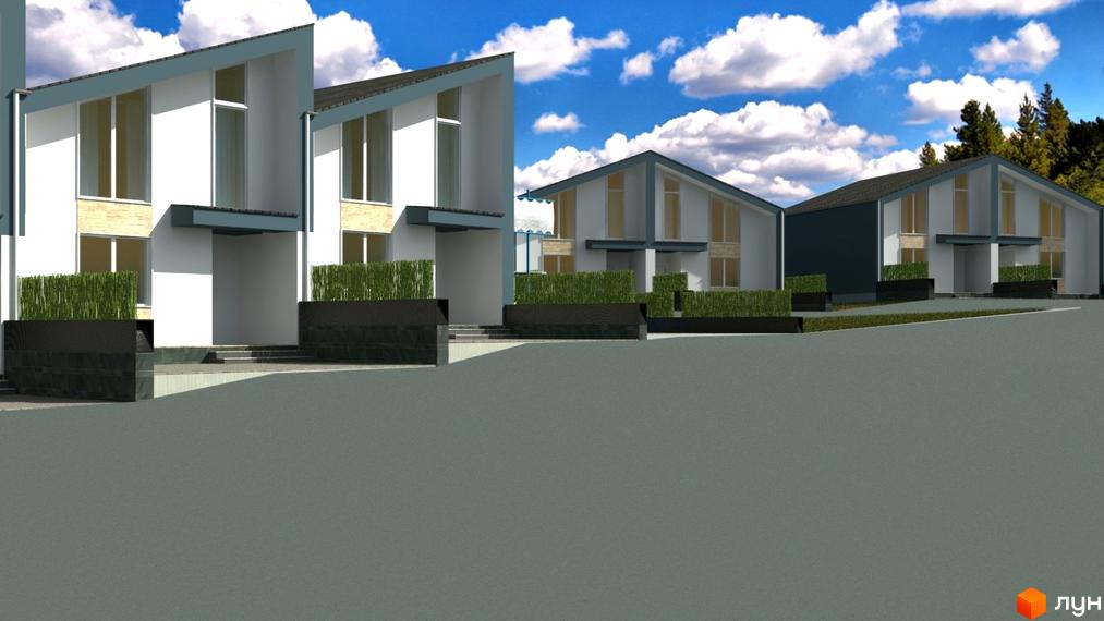 Котеджне містечко Grass House «Озерний» з білими фасадами, великими вікнами та зеленими насадженнями навколо. Сучасна архітектура та доглянута територія.