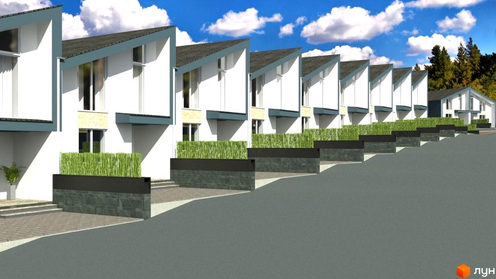 Котеджне містечко Grass House «Озерний». Білі будинки з похилим дахом та великими вікнами. Перед будинками зелені насадження та доглянута прибудинкова територія.