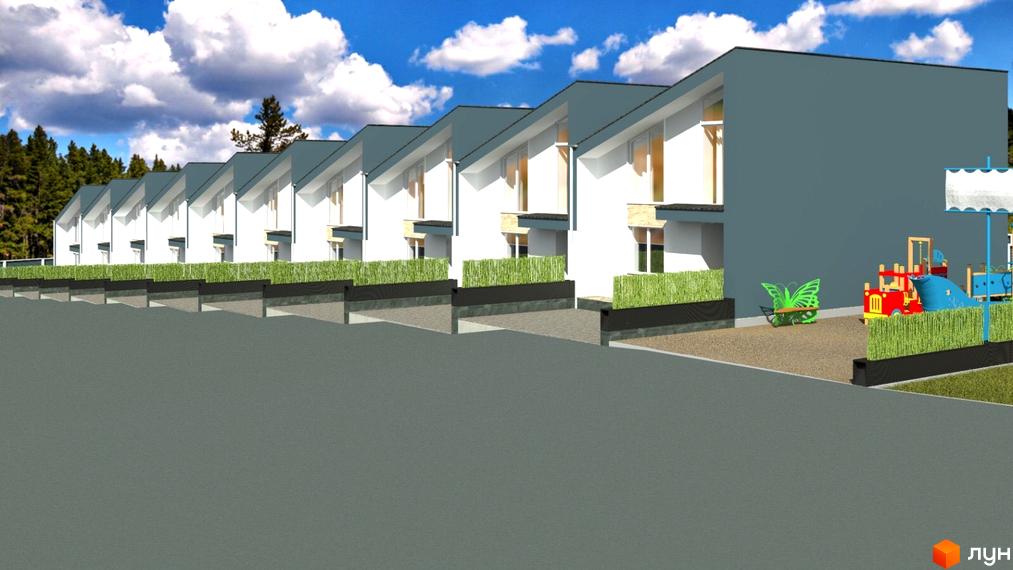 Зовнішній вигляд будинків котеджного містечка КМ Grass House «Озерний» з дитячим майданчиком та зеленими насадженнями. Сучасна архітектура та комфортна прибудинкова територія.