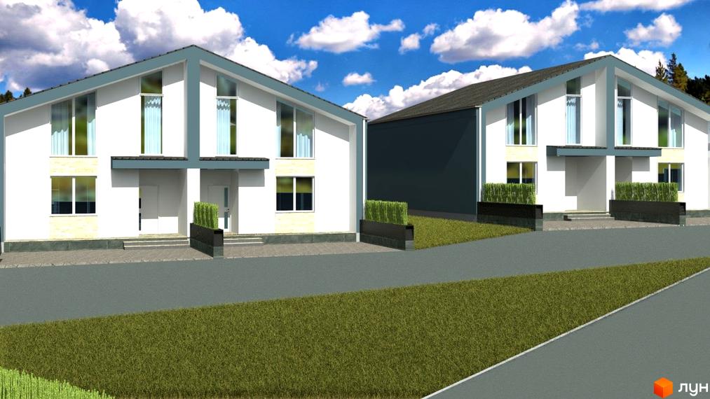 Двоповерхові будинки з білими фасадами та панорамними вікнами. Перед будинками розташовані зелені насадження та асфальтовані доріжки. Котеджне містечко Grass House «Озерний».