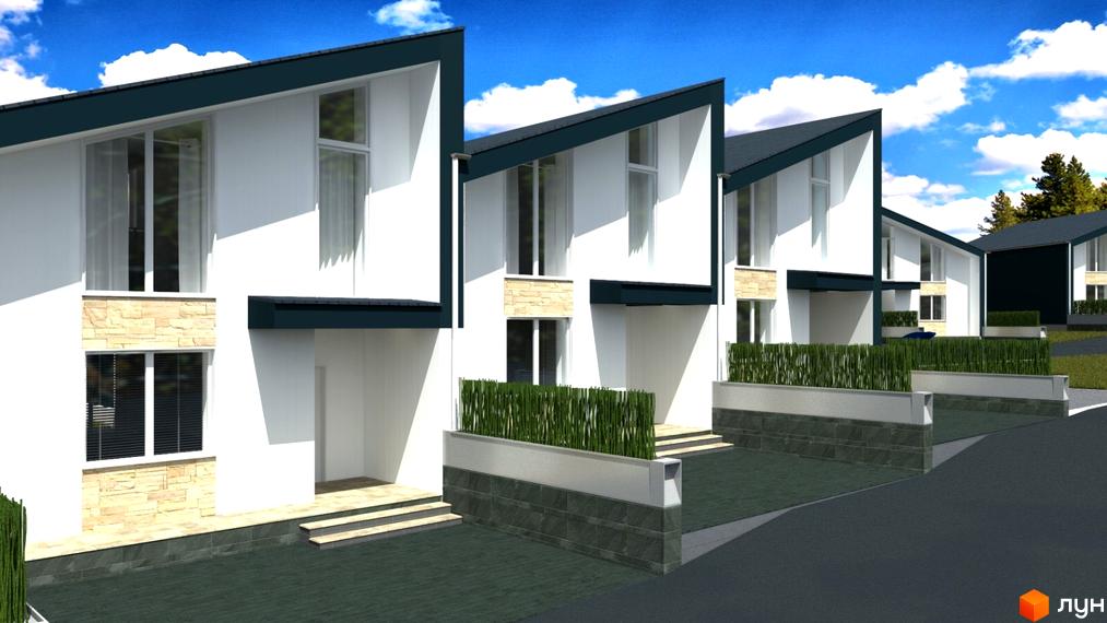 Зображення житлового комплексу КМ Grass House «Озерний». Білі будинки з похилим дахом, панорамними вікнами та невеликими газонами перед будинками.