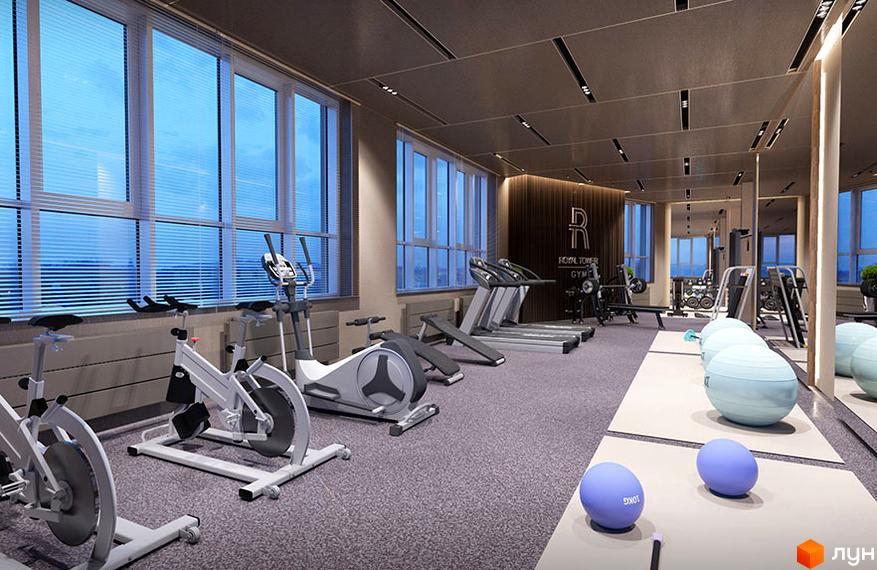 Інтер'єр фітнес-зали в ЖК Royal Tower. Просторий зал з тренажерами, великими вікнами та дзеркалами. Сучасний дизайн та обладнання для комфортних тренувань.