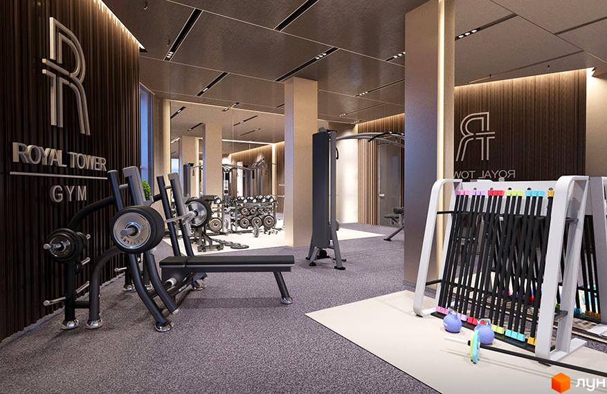 Сучасний тренажерний зал у житловому комплексі Royal Tower з різноманітним обладнанням для силових тренувань, включаючи гантелі, штанги та тренажери.