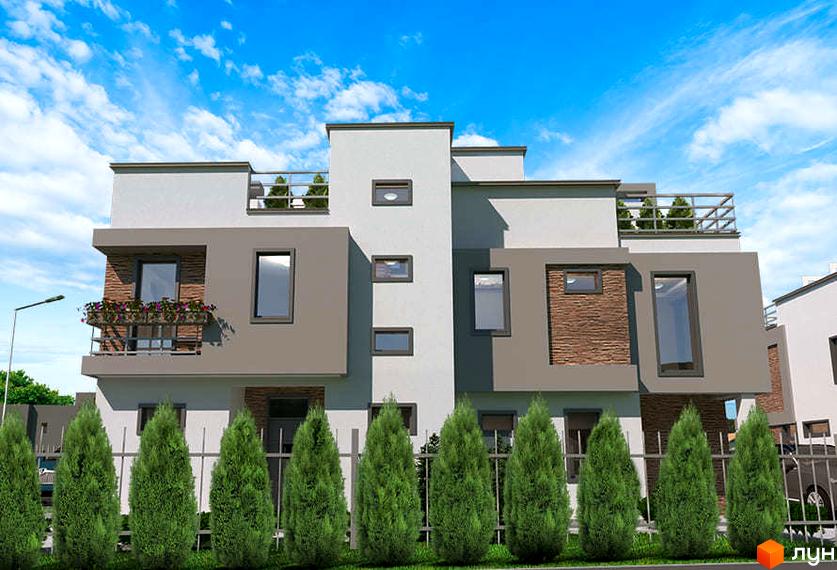 Двоповерховий будинок з великими вікнами та балконом, фасад виконано у світлих тонах. Перед будинком висаджені туї, територія огороджена металевим парканом.