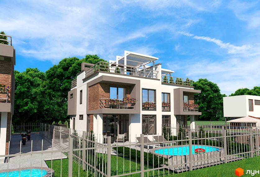 Зображення сторінки житлового комплексу Дуплекси „Сосновий бір“. На фото двоповерховий будинок з басейном, огороджений парканом, на тлі зелені та блакитного неба.