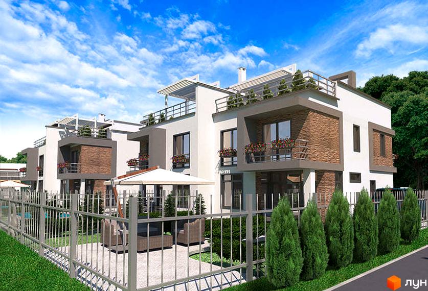 Дуплекси „Сосновий бір“ – це сучасні будинки з балконами та терасами, оточені зеленою зоною та огороджені парканом.