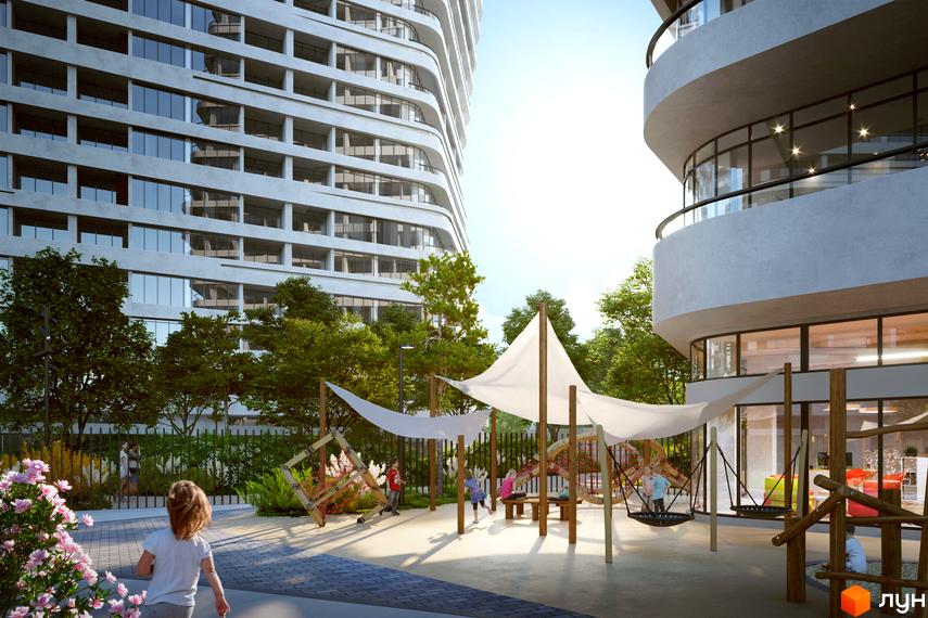 Висотна будівля Kandinsky Odesa Residence з панорамними вікнами. На території комплексу дитячий майданчик з гойдалками та навісами.
