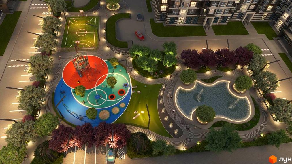 Новобудова Гранд Бурже: багатоповерховий будинок та прибудинкова територія з дитячим майданчиком, спортивним полем і фонтаном.