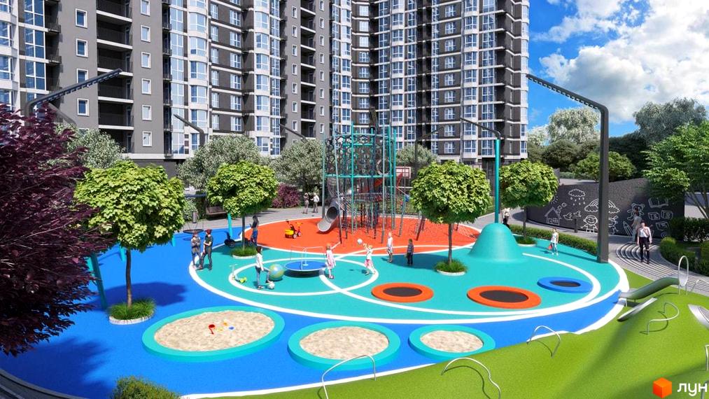 Зображення ігрового майданчика біля Житлового комплексу Grand Bourget. Високий будинок з великою кількістю вікон та дитячий майданчик.